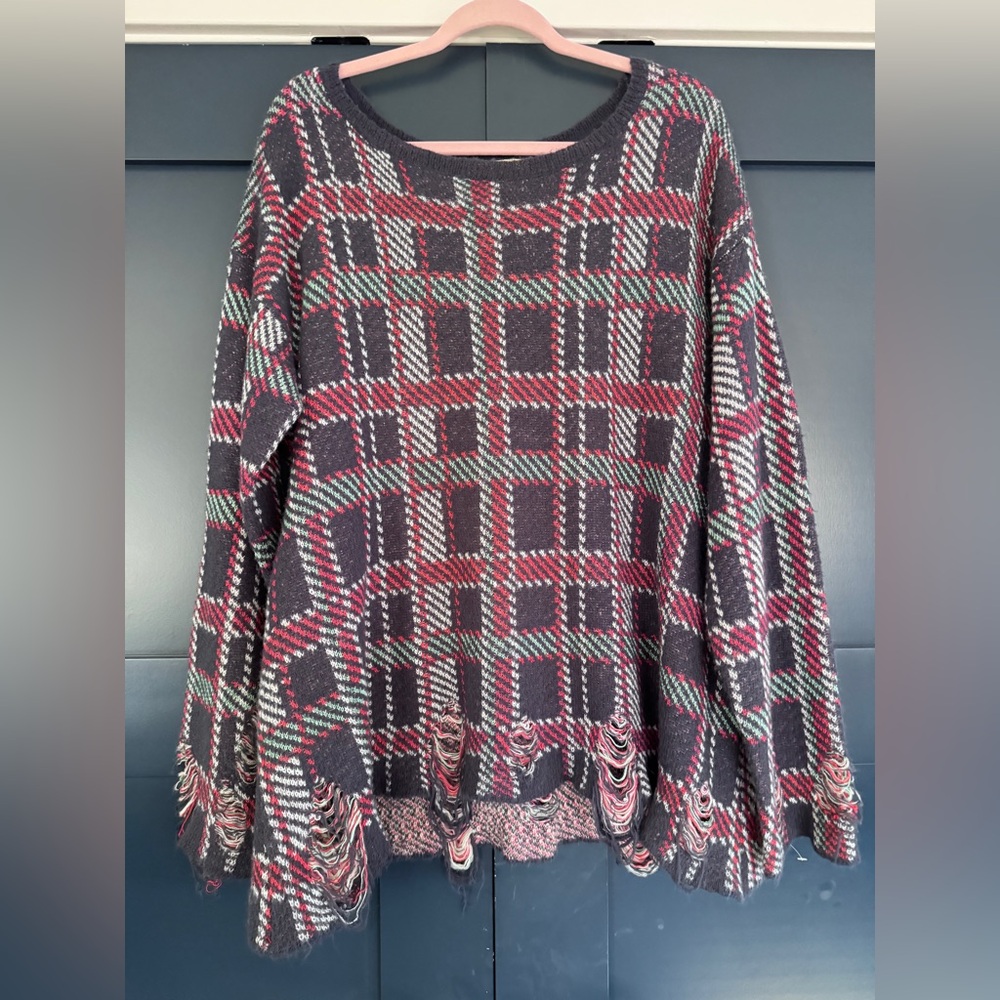 Wildfox White Label Lennon Distressed Plaid Sweater Small Wool Oversized Boho - Picture 3 of 14